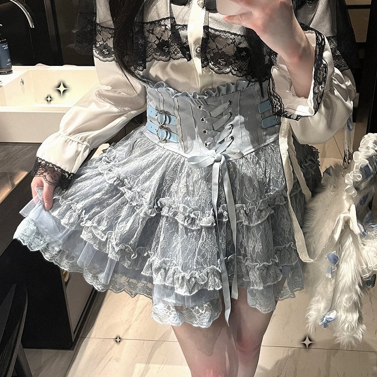 Jirai Kei Blue Heart Buckles Lace-up Detail Landmine Style High Waist Lace Tiered Skirt