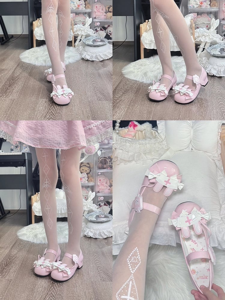 PU Pink Sweet Lolita Mary Janes - Medical Bunny Theme with Bow Accents & Velcro Strap Closures