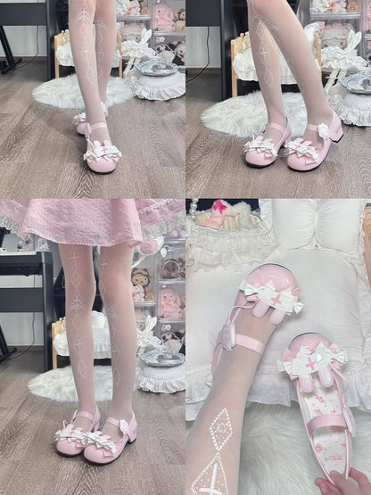 PU Pink Sweet Lolita Mary Janes - Medical Bunny Theme with Bow Accents & Velcro Strap Closures