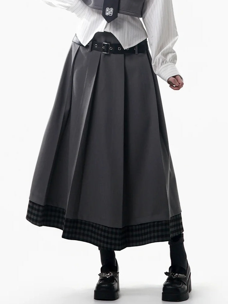Hem Skirt Set - Belt Patchwork Waist Gray Prppy Elastic Plaid Pleated Style