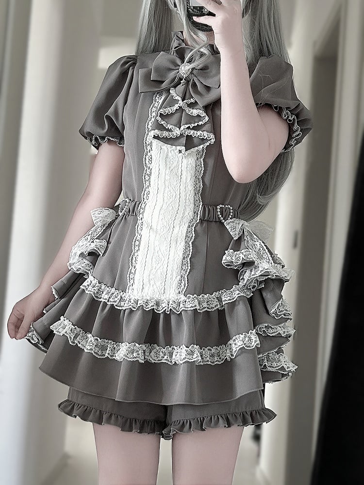 Dress Draped Sleeve Gothic Set: Kei Side Coord with Gray Jirai Puffy Train