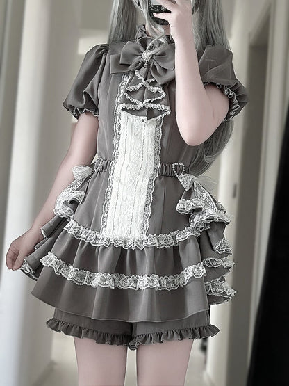 Dress Draped Sleeve Gothic Set: Kei Side Coord with Gray Jirai Puffy Train