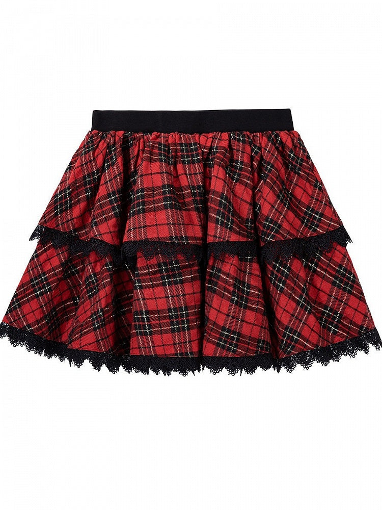 Plaid Lolita Skirt in Red and Black with Lace Details - Xiong Dou Jiang