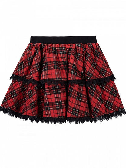 Plaid Lolita Skirt in Red and Black with Lace Details - Xiong Dou Jiang
