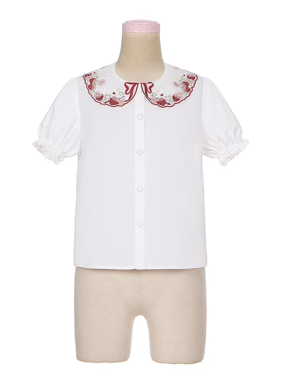 Weißes Lolita-Hemd mit Erdbeer-Peter-Pan-Kragen und kurzen Ärmeln