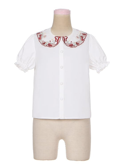 Weißes Lolita-Hemd mit Erdbeer-Peter-Pan-Kragen und kurzen Ärmeln