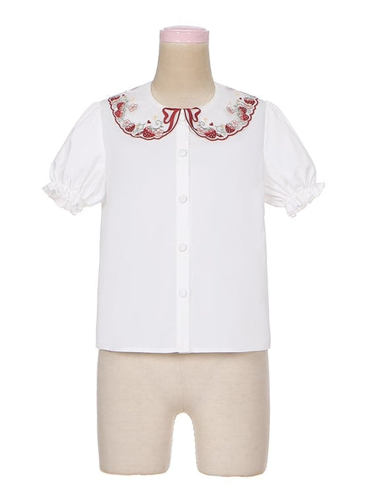 ホワイトストロベリーピーターパンカラーロリータ半袖シャツ