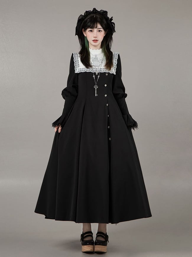 Neckline + White Black Embroidered Dress Gothic Print Square Collar Lolita