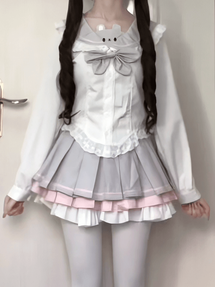 Bow Sailor Mouse Button Blouse Cute - Collar White Themed Gray with Embroidery Front Trim Lace
