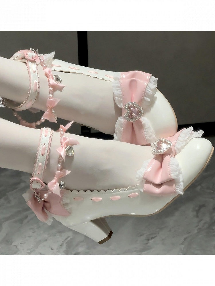 Light Pink & White Crystal Shoes with Bowknot and Pearl Chain, 5.5CM Mid Heel - Pastry Chef Lolita