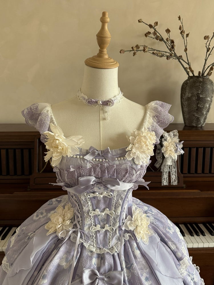 Version with Corset Purple Top Floral Frog Skirt Buttons Lolita Jasmine-Embellished Print Short +