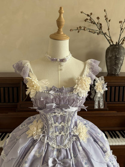 Version with Corset Purple Top Floral Frog Skirt Buttons Lolita Jasmine-Embellished Print Short +
