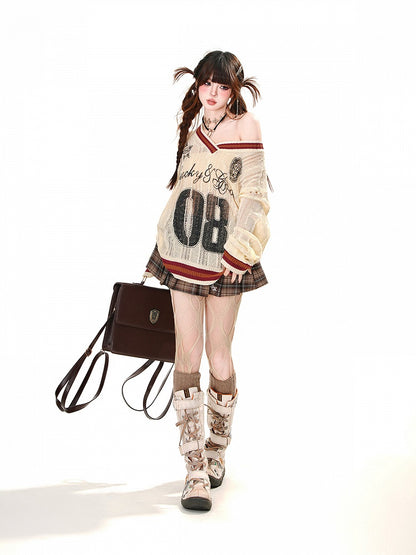 Hollow-Out Top Sonnenschutz Apricot V-Ausschnitt Asymmetrischer Ausschnitt Preppy Style