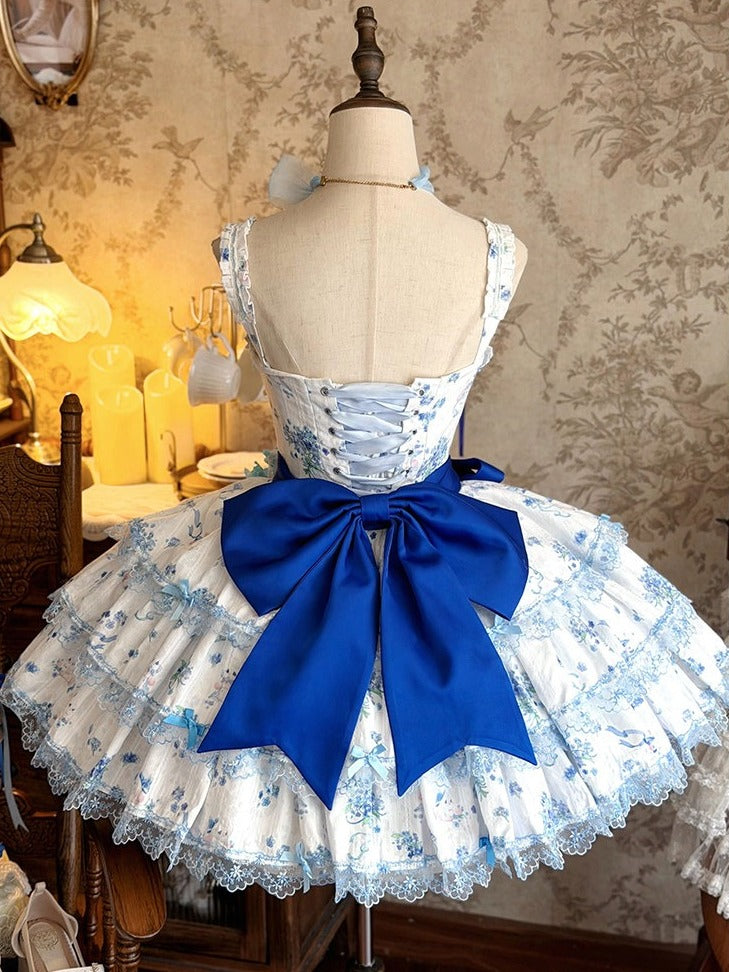 Blue & White Floral Print Lace-Up Lolita Dress Set with Bow Train & Floral Accents - signorina