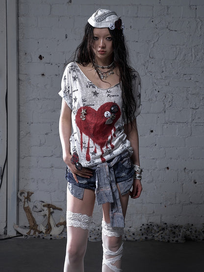 Schwarz/Weißes Navycore-Grafik-T-Shirt im Distressed-Design