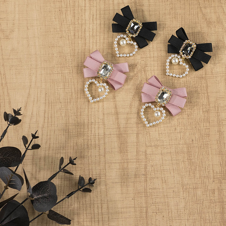 Dusty Jirai Heart with Hairclips Pink/Black Beaded Kei Rhinestone Charms Bow