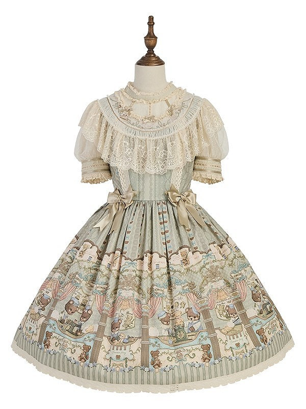 Dress with Sweet Accents Green Bow Bear Lace-Trimmed Lolita Printed