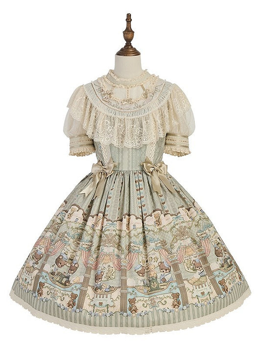Dress with Sweet Accents Green Bow Bear Lace-Trimmed Lolita Printed