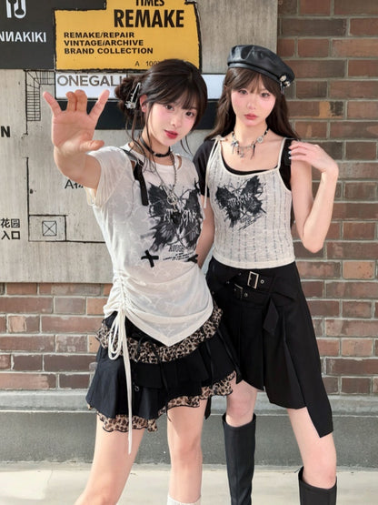 Butterfly Y2K White Semi-sheer PU Print Buckle T-shirt Waist Drawstring Strap Glamorous