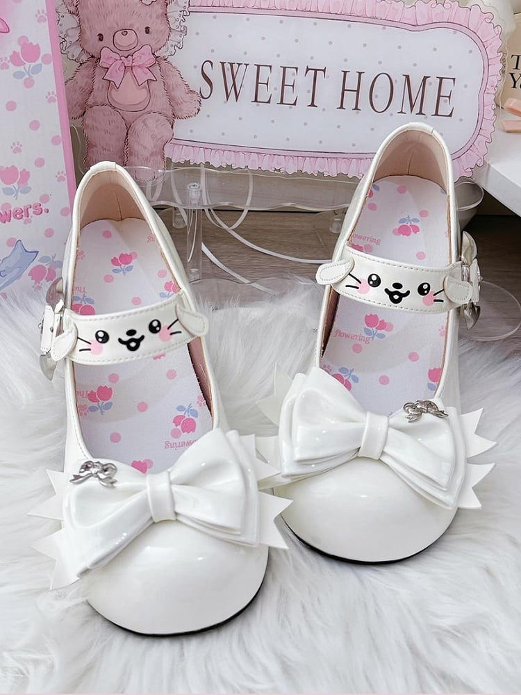 White Sweet Lolita Mid-heel Mary Janes with Puppy Details & Top Bow