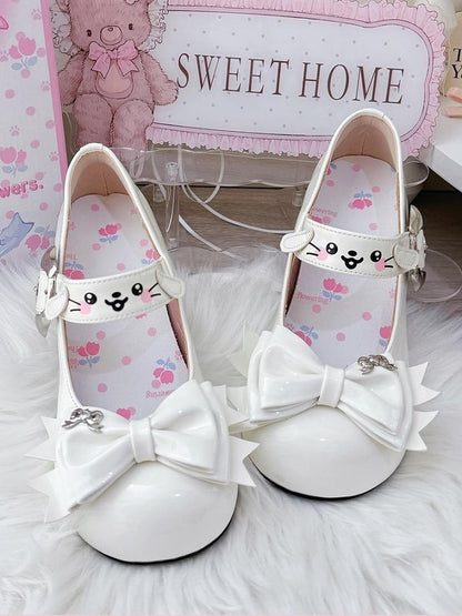 White Sweet Lolita Mid-heel Mary Janes with Puppy Details & Top Bow