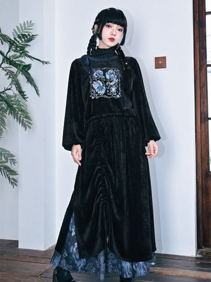 Embroidery Mock Cheongsam - Neck Black Goth Sweatshirt with Goldfish