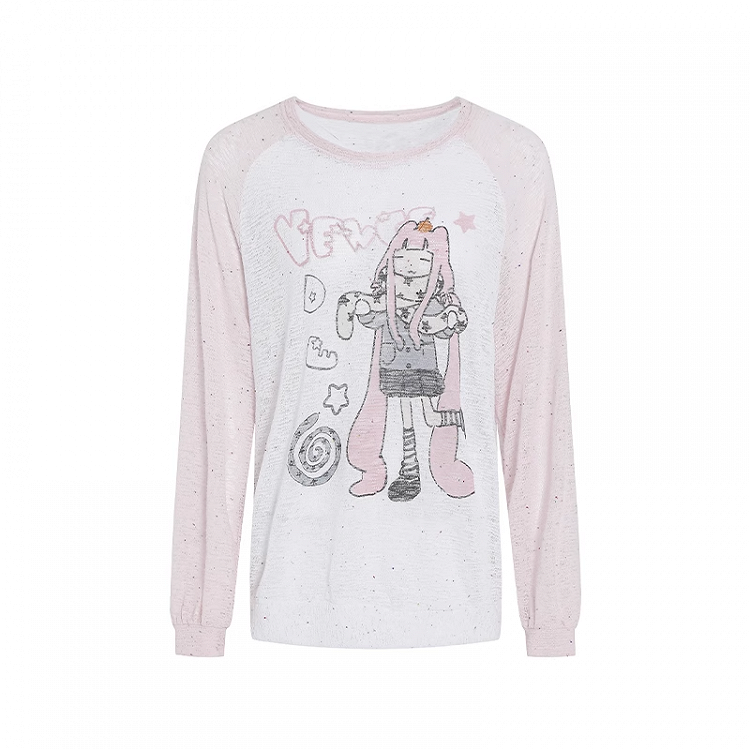 デザインカラーブロックカバーアップ ブルー/ピンク ラウンドネック 漫画ガールプリント セミシアー