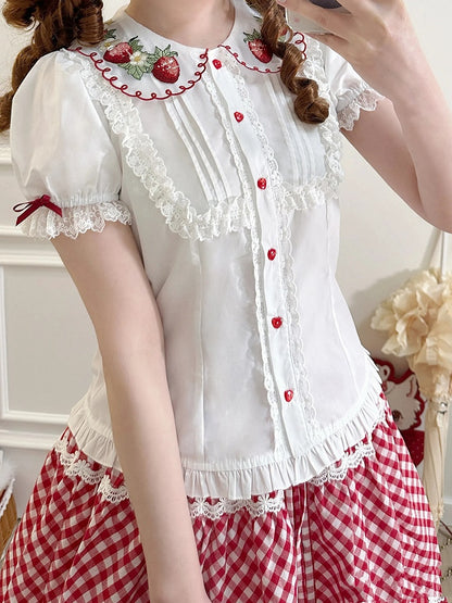 Strawberry Collar Embroidery Red Blouse White Sleeves Short
