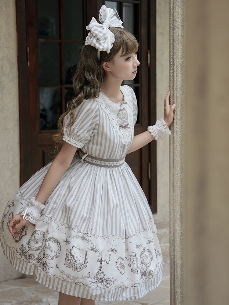 Classic Lolita Antique Porcelain Print and Embroidery OP Dress in Blue and Gray with Striped Pattern - Birds Diary