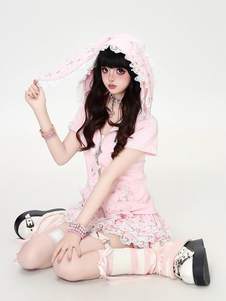 Lace-Trimmed Pink Bunny Hoodie - CRAZY GIRL
