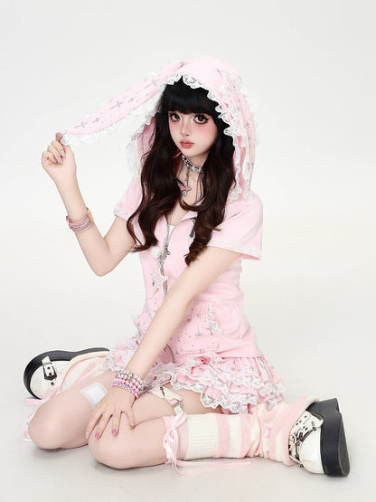 Lace-Trimmed Pink Bunny Hoodie - CRAZY GIRL