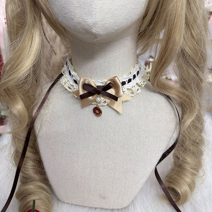 Brown/Pink/Red Pendant and Lolita Choker with Sweet Bow Lace
