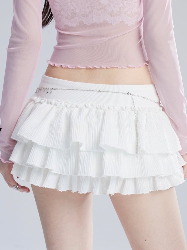 ベージュのローバレエコアウエストミニティアードスカート