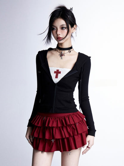 Tiered Skirt Red Cross Applique White Cropped Charms Strapless Top/Red Cross Gothic