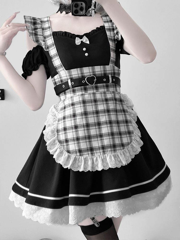Set Black Piece + One Shoulder Plaid Cutout Apron Maid Lolita