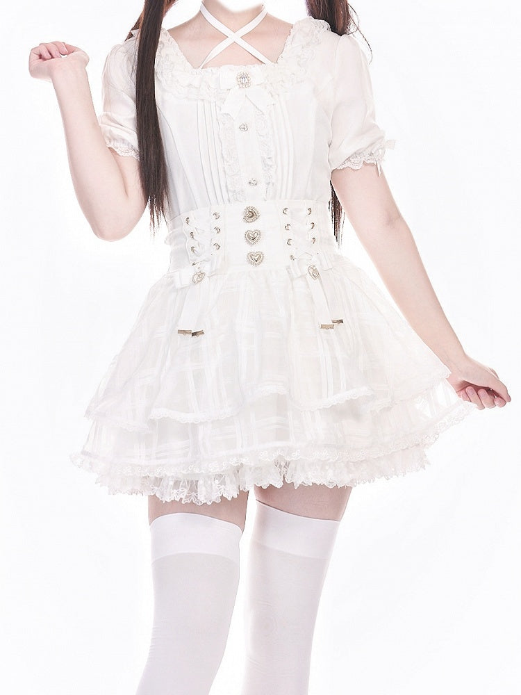 with Triple White High Lace-up Layer Organza Jirai Skirt Kei Waist Detail