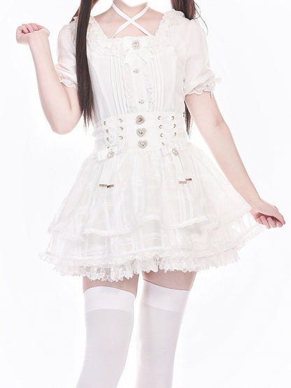 with Triple White High Lace-up Layer Organza Jirai Skirt Kei Waist Detail
