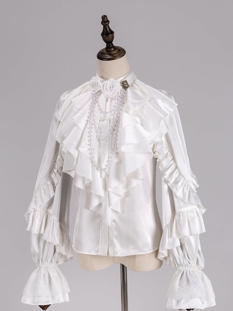 White Layered Jabot Tie with Detachable Rose Bead Chain - DevilInspired Exclusive Collection
