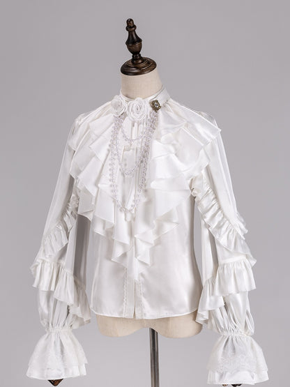 White Layered Jabot Tie with Detachable Rose Bead Chain - DevilInspired Exclusive Collection
