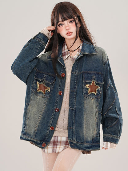 Denim Blue Star Patches Faded Wash Jacket