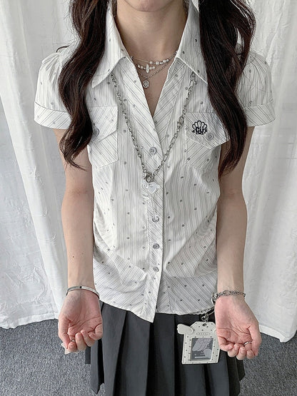 White Short Sleeve Top with Polka Dot and Stripe Pattern - Solkatt
