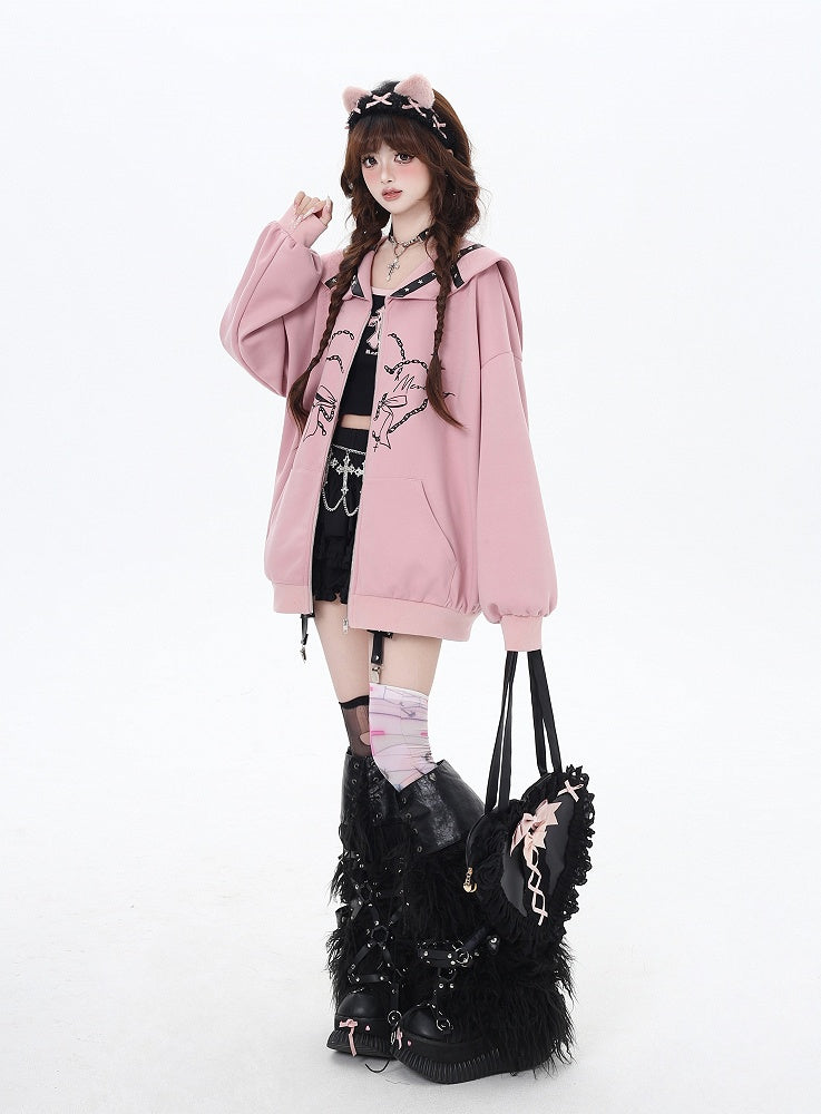 Pink/Gray Sailor Collar Zipper Closure Printed Jacket