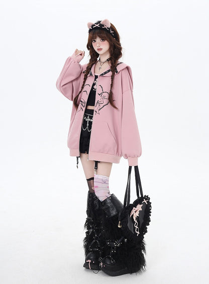 Pink/Gray Sailor Collar Zipper Closure Printed Jacket