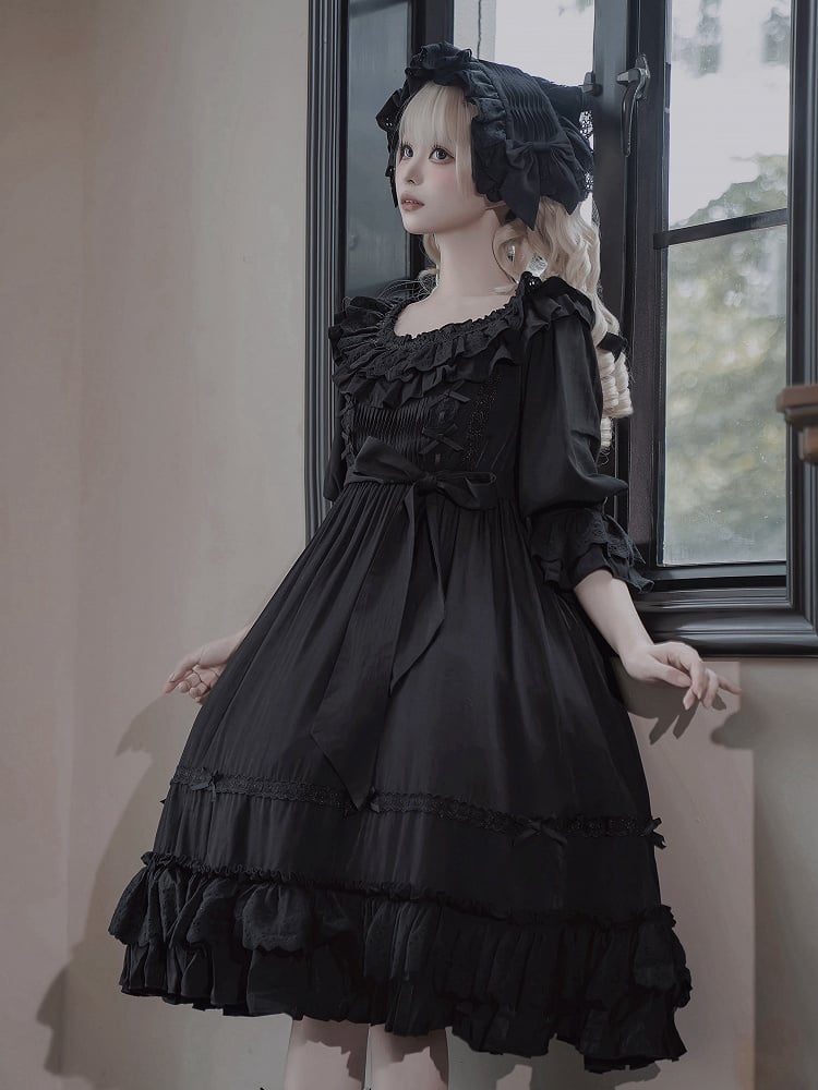 Lolita-Kleid Kuro, alle Ärmel, schwarz, hohe kurze Taille