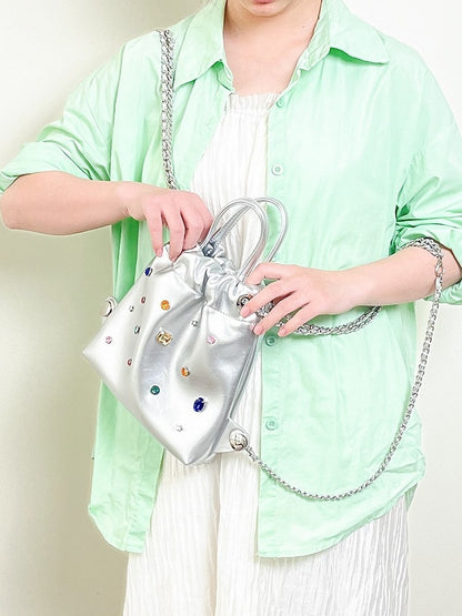 Glamorous Silver Drawstring Backpack With Rhinestone Embellishments