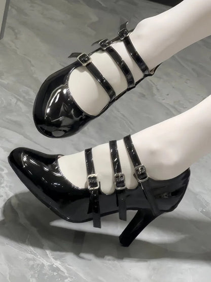 Heels Polished Lolita Black Triple Accent Classic PU High Leather Buckle in