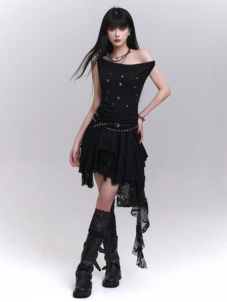 Patchwork Black Lace Cascading Ruffles Skirt