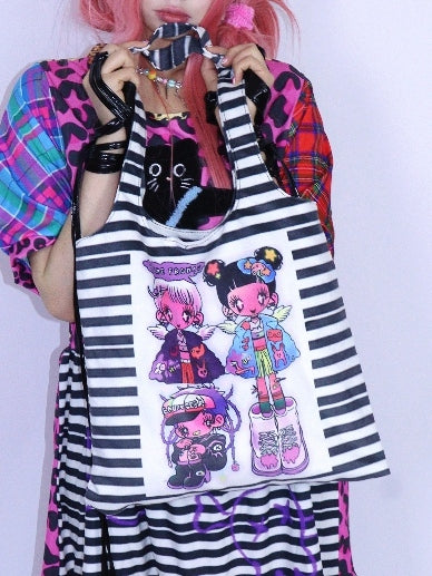 Pattern Canvas Shoulder Black Print Cartoon Y2K Bag Striped