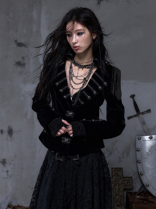 Lapel Multi-Row Embroidered Blazer Back Black with Cross Punk Fringe Epaulettes Shoulder Buttons Detachable