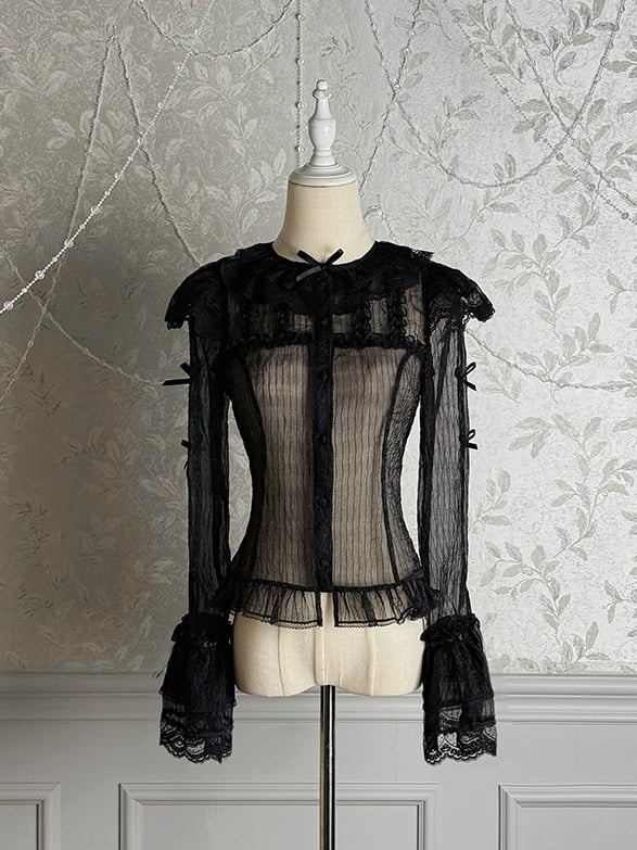 Sleeves Long Blouse Black Semi-sheer Bowknots